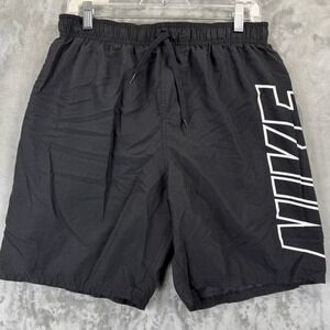 Nike Mens Black Swim Trunks Board Shorts Large Logo Graphic Swoosh Drawstring L